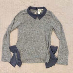 Monteau Gray Sweater with Navy Striped Collar & Cuff Ties
